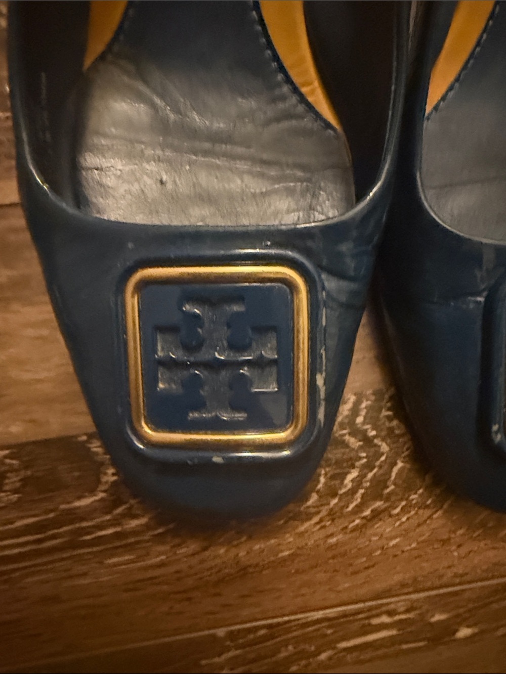Tory Burch Navy and Yellow Slingback Logo Heels - Picture 2 of 8